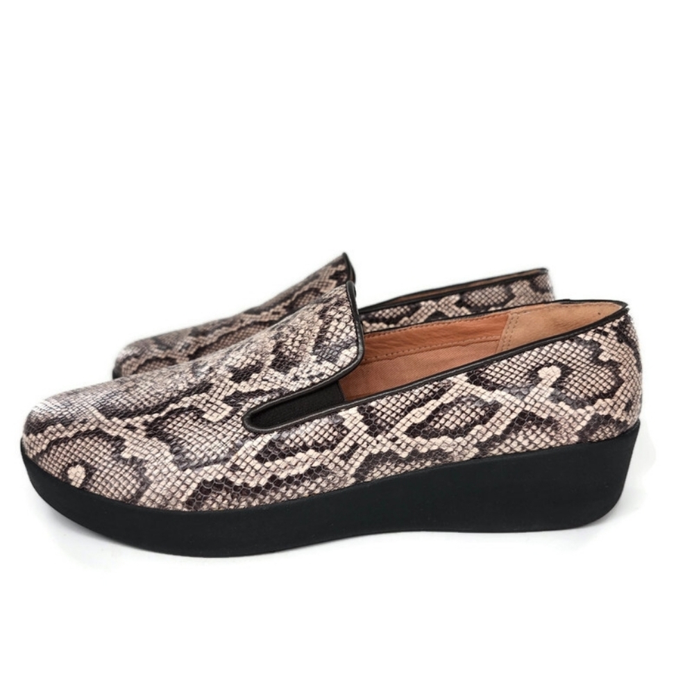 Fitflop Superskate Taupe Beige & Grey Snake Print Leather Slip-On Loafers - Picture 2 of 13